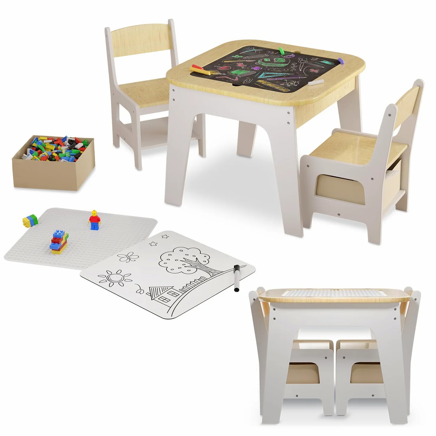 Juskys Ensemble de sièges pour Enfants Milou, Set 2 chaises & 1 Table en Bois, Table de Jeu avec Rangement, Coin Jeu pour Enfants, Naturel