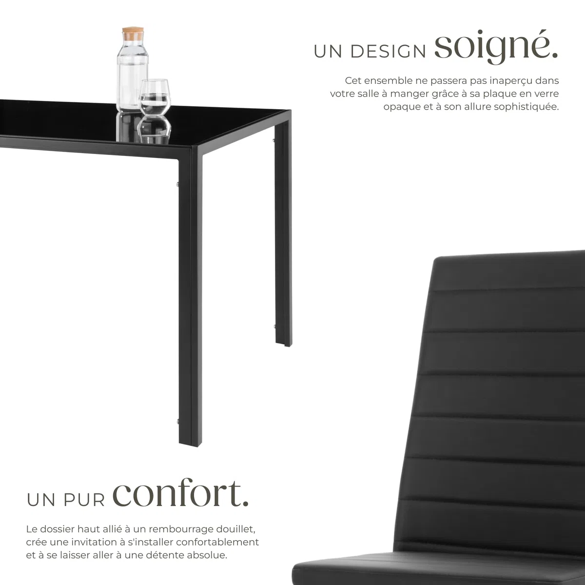 tectake Ensemble Table Salle à Manger avec 4 Chaises Design, Chaise Confortable en Cuir synthtétique, Table rectangulaire Robuste avec Plateau en Verre trempé - Noir