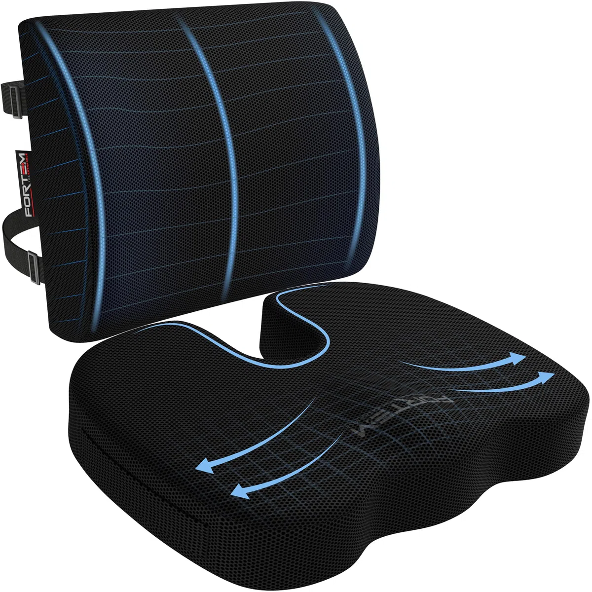 FORTEM Coussin Lombaire et d’Assise en Mousse à Mémoire de Forme, Antidérapant, pour Chaise de Bureau, Gaming et Siège Auto – Soutien Dos et Confort Prolongé