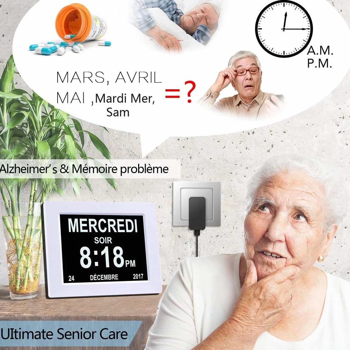 OLDTIME® 8" LCD Horloge Numérique Calendrier avec Date, Jour Et Heure Alzheimer White