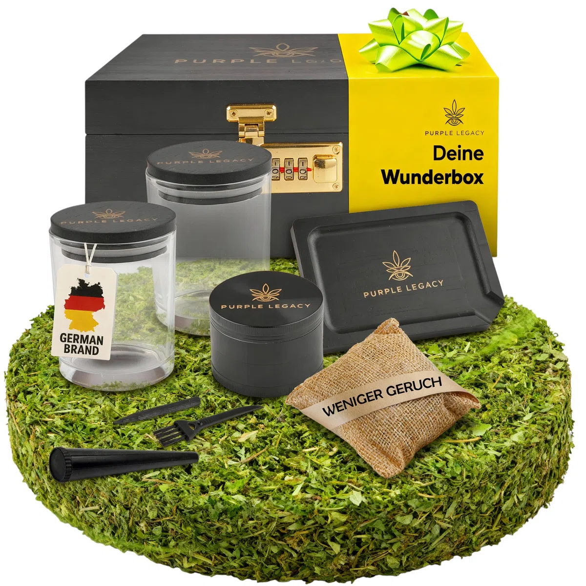 Grinder Set Moulin à Herbes Moulin à Herbes Set Boîte de rangement en bois de pin avec serrure Grinder Moulin à Epicé Moulin à Spice Grinder en Zinc Alliage avec 4 pièces Set