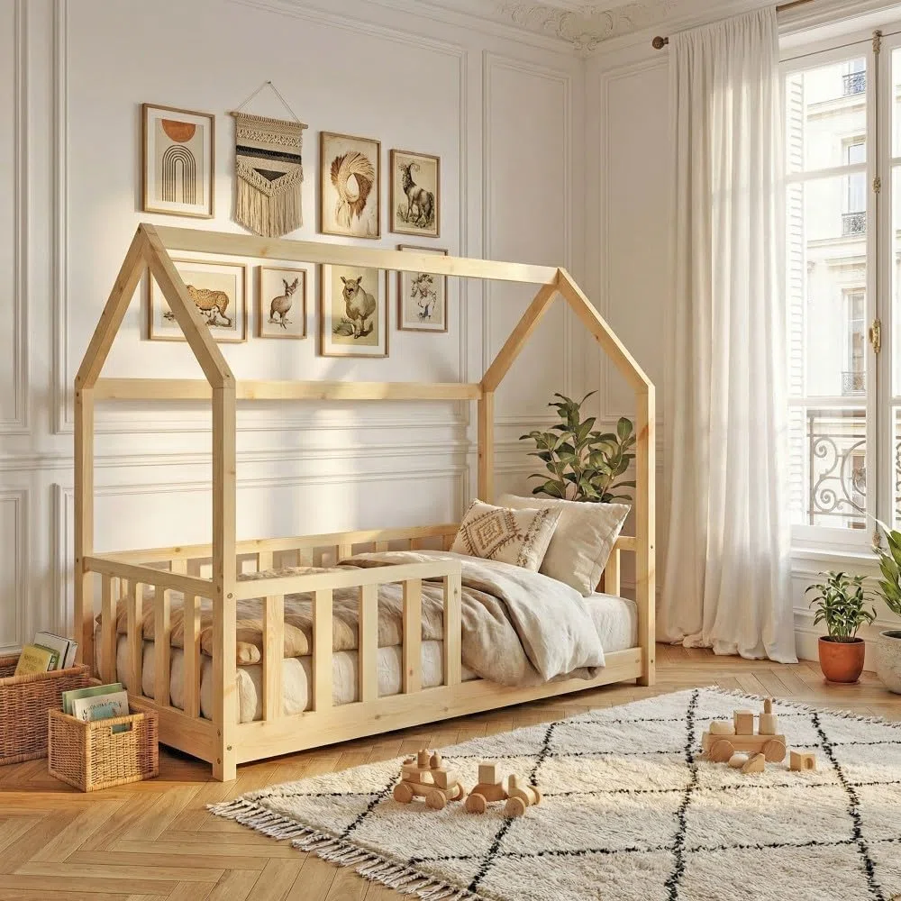 WEBER INDUSTRIES Lit cabane Kiwi 70x140 + 1 sommier + barrière/Bois Clair | 1 sommier inclus, Barrière incluse