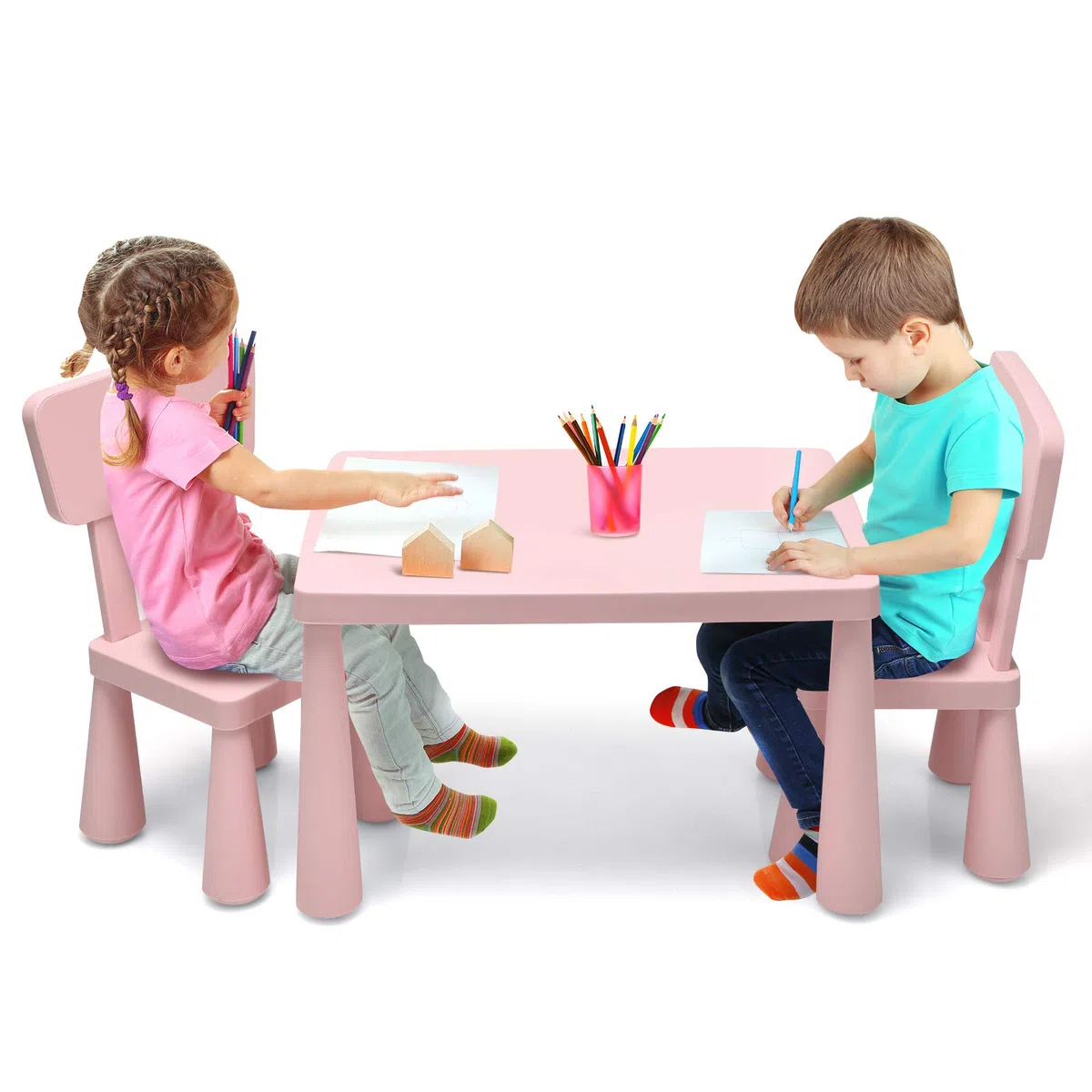 GOPLUS Table Enfant avec 2 Chaises, Petite Table d'Activité Enfant en Plastique pour Manger, Étudier, Jouer, pour Filles Garçon 1-7 Ans, Charge 50KG (Rose)