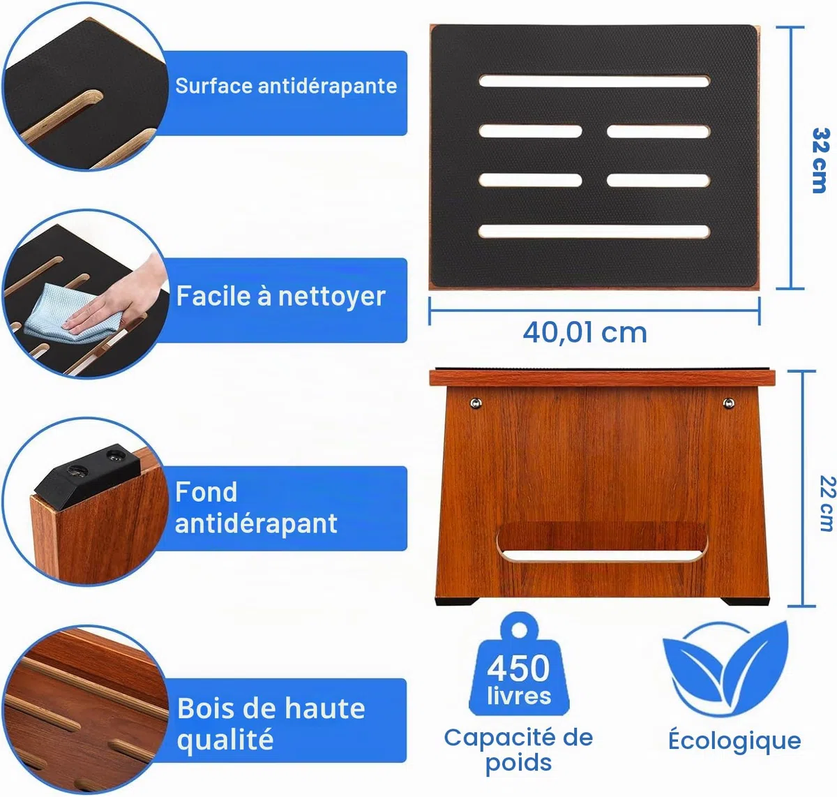 Un marchepied en Bois pour Adultes et Seniors, avec revêtement en Caoutchouc antidérapant, pour l'intérieur et l'extérieur, 450 Ib, Cuisine, Table de Chevet et Plus Encore (Noyer, 22cm)