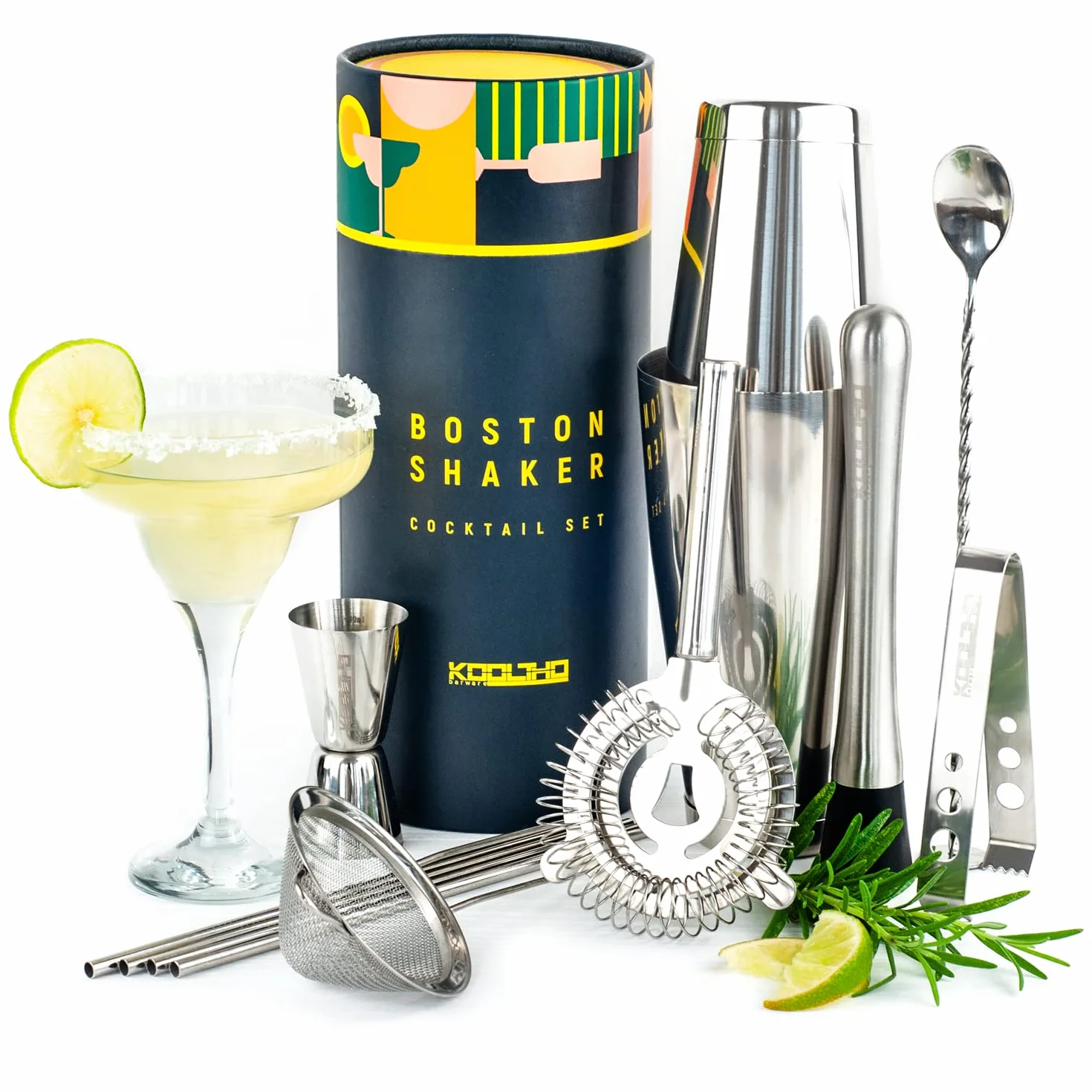 Shaker Boston Professionnel Kit Barman, Coffret Cadeau Original Personnalisable Femme Homme Couple, Set Cocktail Mojito avec Accessoires Bar, Shakers INOX Tin on Tin, Service Cocktails Complet Pro