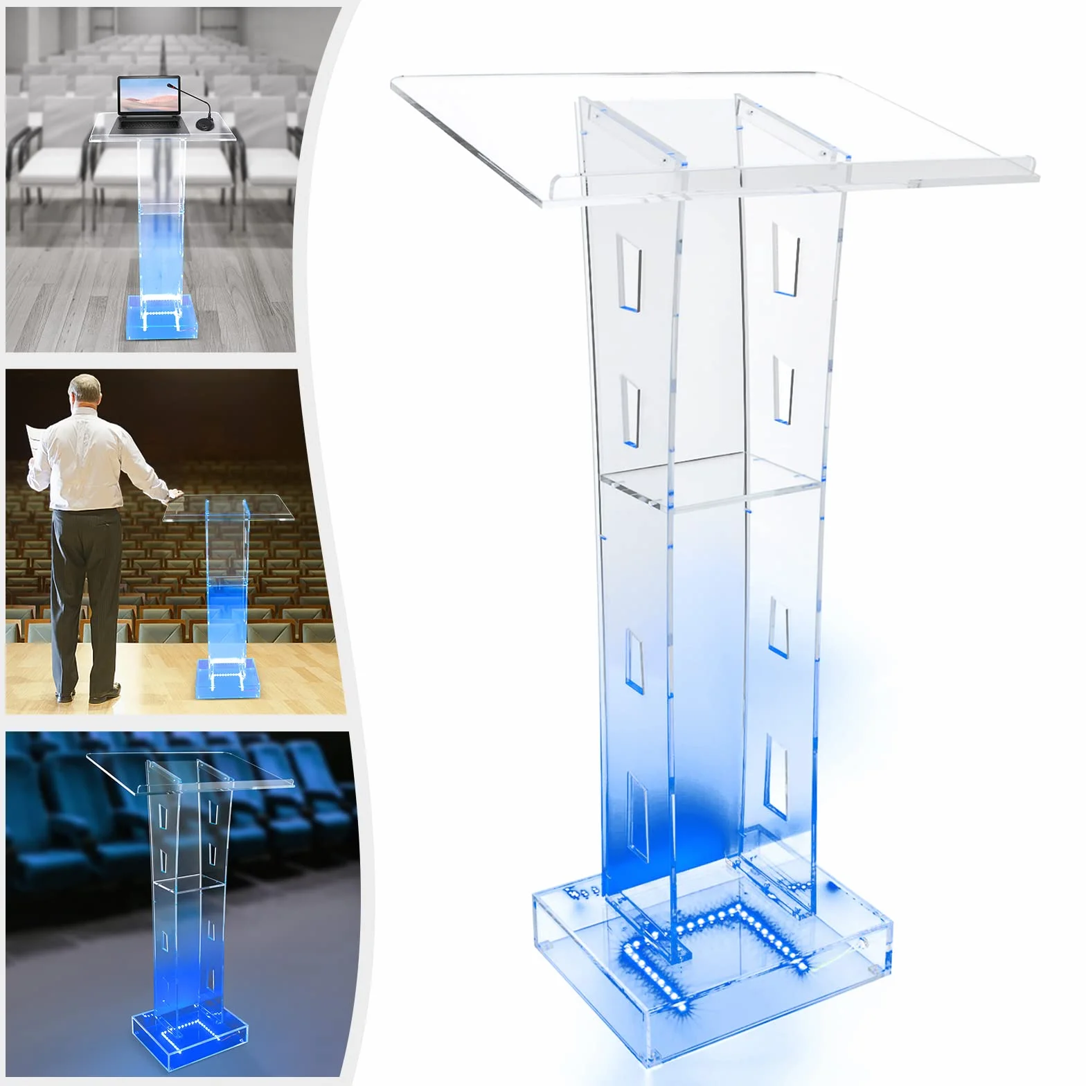 Lucite Podium en acrylique transparent avec lumière LED bleue 100 cm