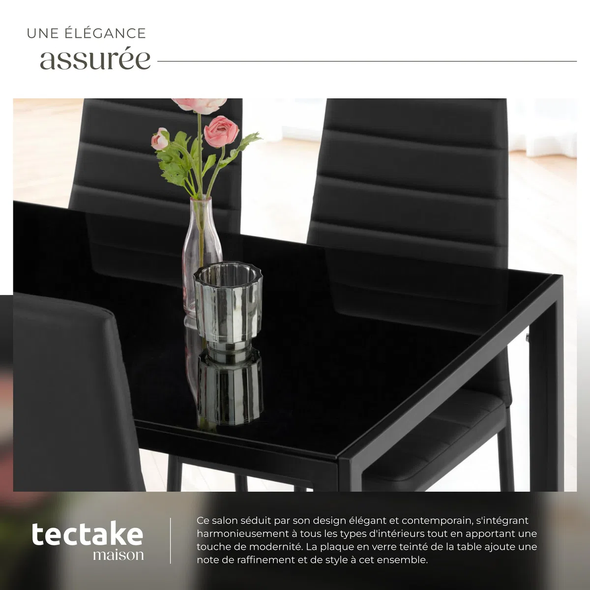 tectake Ensemble Table Salle à Manger avec 4 Chaises Design, Chaise Confortable en Cuir synthtétique, Table rectangulaire Robuste avec Plateau en Verre trempé - Noir
