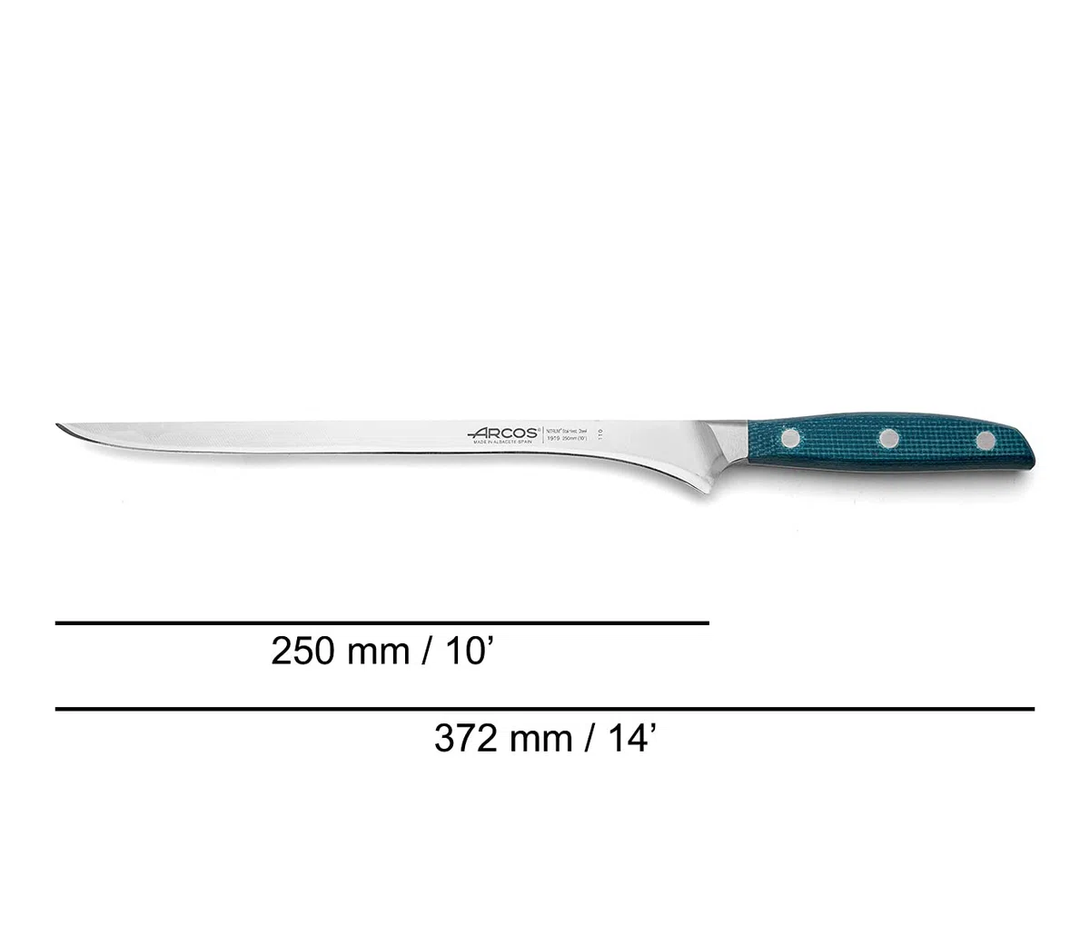 Arcos Couteau à Jambon Forgé avec Lame de 250 mm – Poignée en Micarta et Bord en Soie Spéciale, Plus Grand Confort et Résistance – Argenté, Série Brooklyn, Couleur Bleue