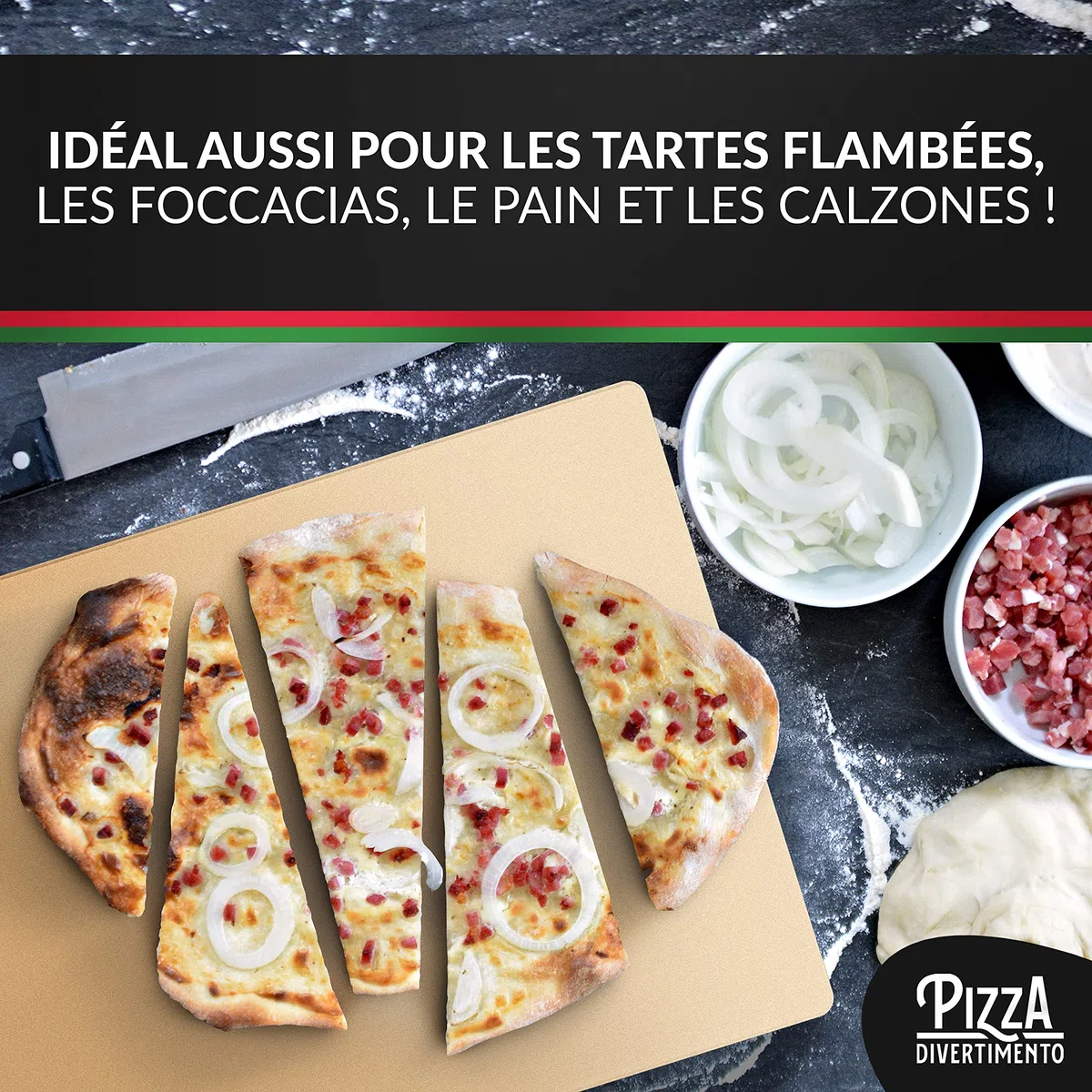 Pizza Divertimento Pierre à pizza pour four - Avec pelle à pizza en bois - Pierre pizza en cordiérite - Pour une base croustillante et une juteuse
