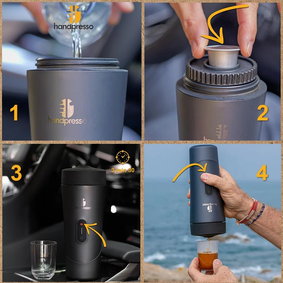 Handpresso Auto | Machine à café expresso portable 19 bars pour voiture et voyage | compatible capsule expresso/capsule réutilisable | Cafetière de voyage compacte, sans fil et rechargeable USB-C
