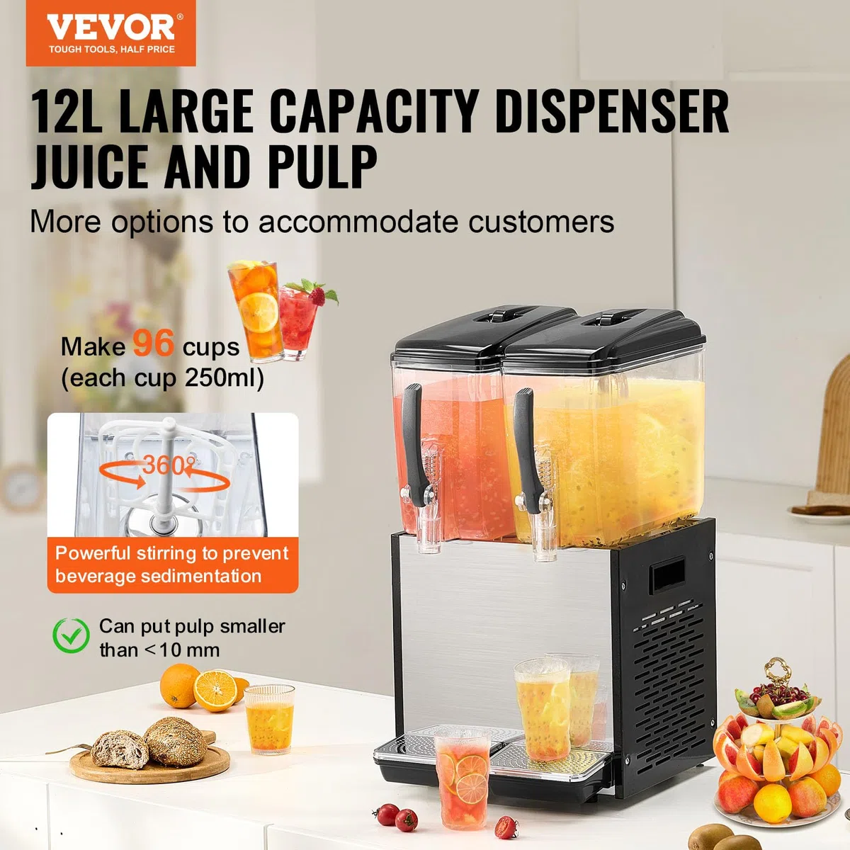 VEVOR Distributeur de Boissons Commercial 2 Réservoirs de 12 L, Fontaine à Eau 286 W, Distribution de Jus Limonade Thé Glacé, Température de Refroidissement 7-12 ℃, pour Restaurant, Hôtel, Café