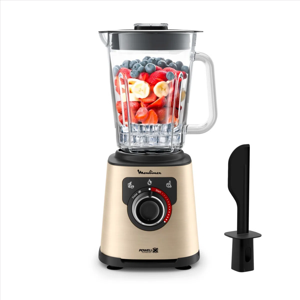 Moulinex Blender électrique, 1200 W, Bol verre capacité utile 1,5 L, Mixeur Smoothie, Technologie de lames Powelix, Haute qualité, Nettoyage facile, PerfectMix Noir/Or LM871A10