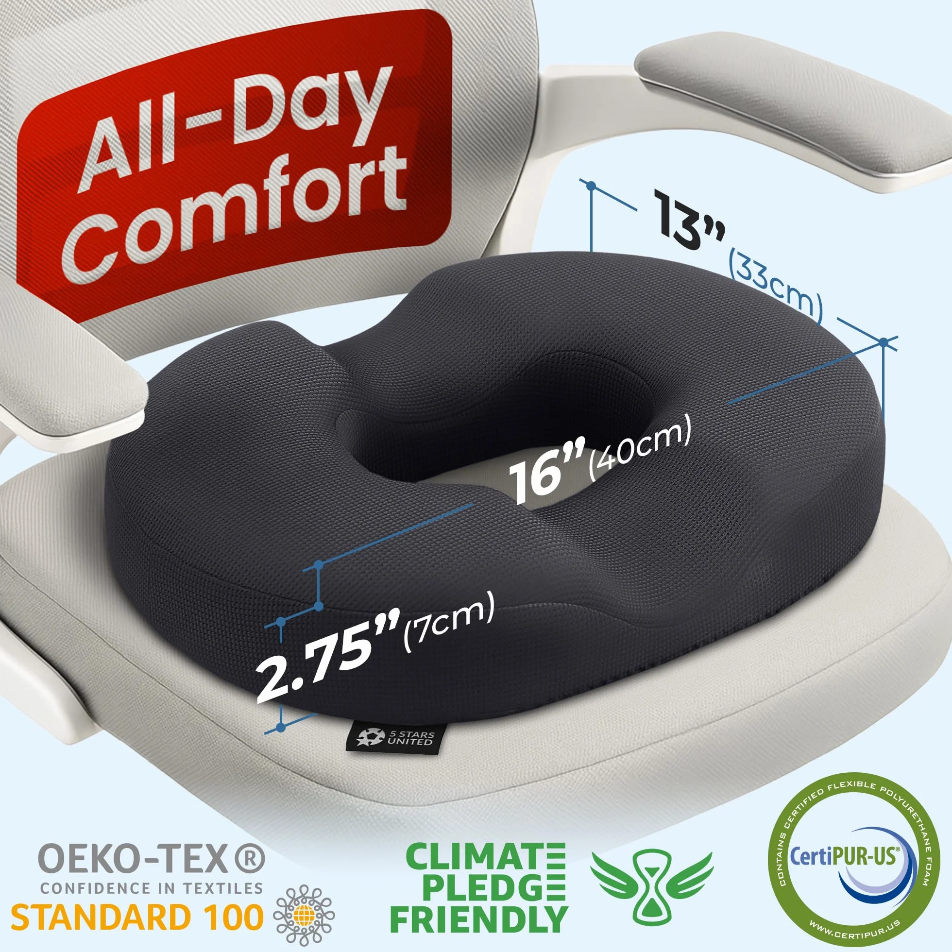 5 STARS UNITED Coussin Donut Mémoire de Forme – Soulagement Hémorroïdes & Coccyx, Ergonomique U, Anti-Dérapant, Housse Lavable – Noir Petit