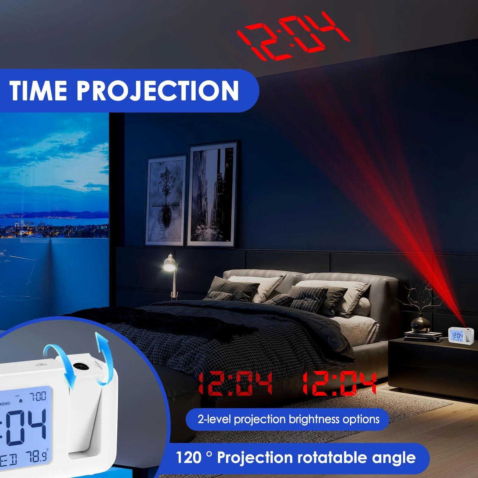 ALLOMN Réveil avec Projection Numérique, Température et Date, 4 Luminosité, Snooze 9 min, 12/24h, Mode Week-end