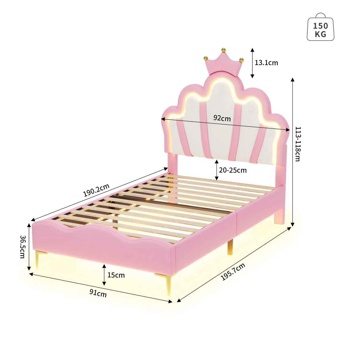 Générique Lit Enfant Rembourré 90x190 cm avec LED, Lits Double pour Fille, lit d'Adolescent avec Tête de Bed Réglable en Hauteur Princesse Couronne et Sommier à Lattes, PU Rose