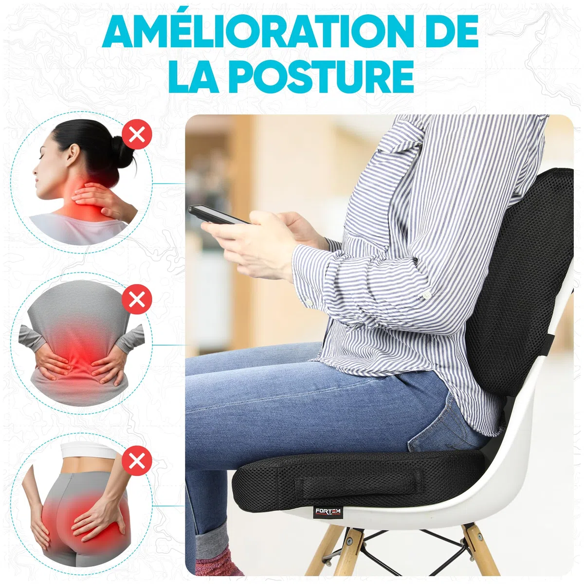 FORTEM Coussin Lombaire et d’Assise en Mousse à Mémoire de Forme, Antidérapant, pour Chaise de Bureau, Gaming et Siège Auto – Soutien Dos et Confort Prolongé
