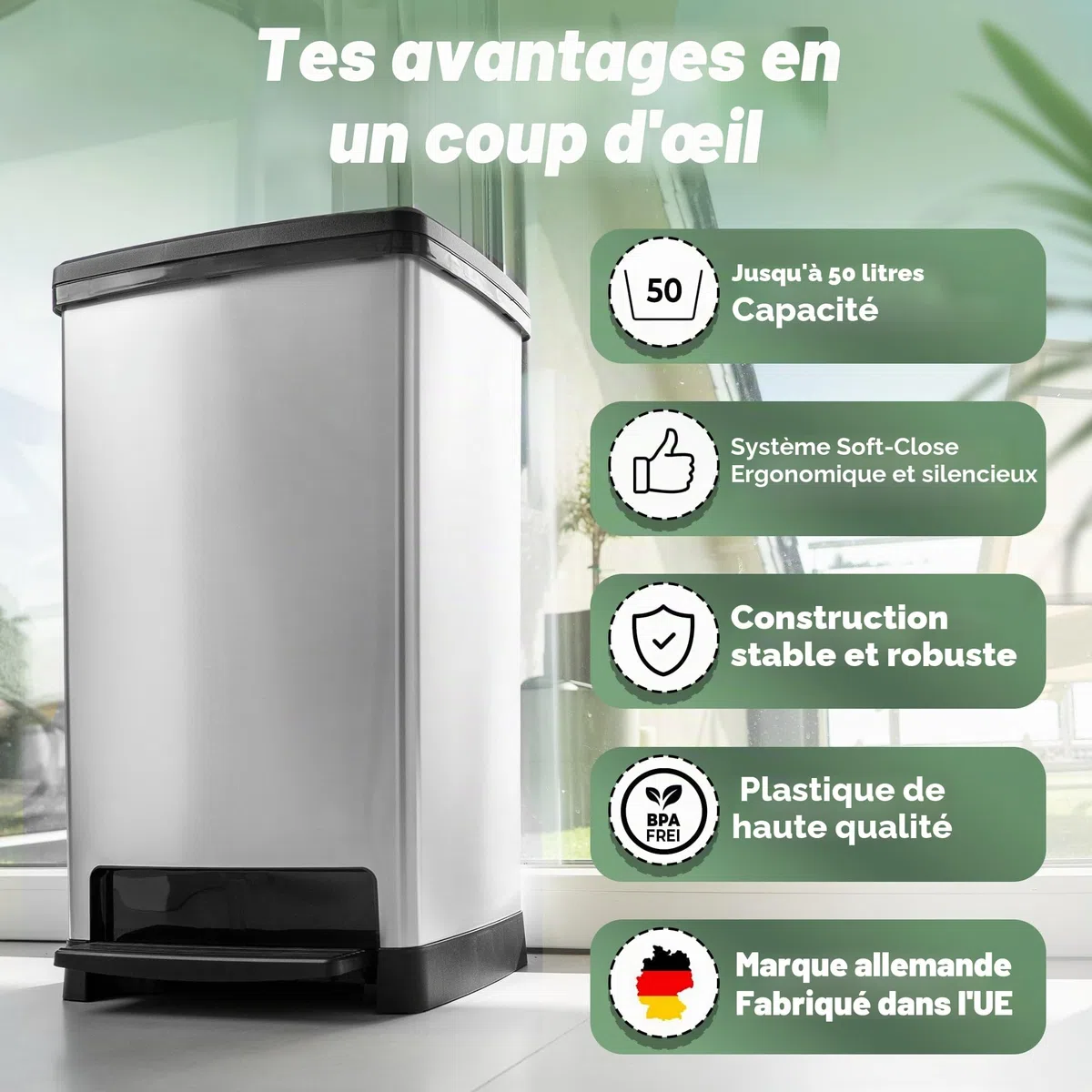 Novaliv Grande poubelle avec couvercle - Poubelle à pédale de 50 l avec système Soft-Close - Stabile et anti-odeurs