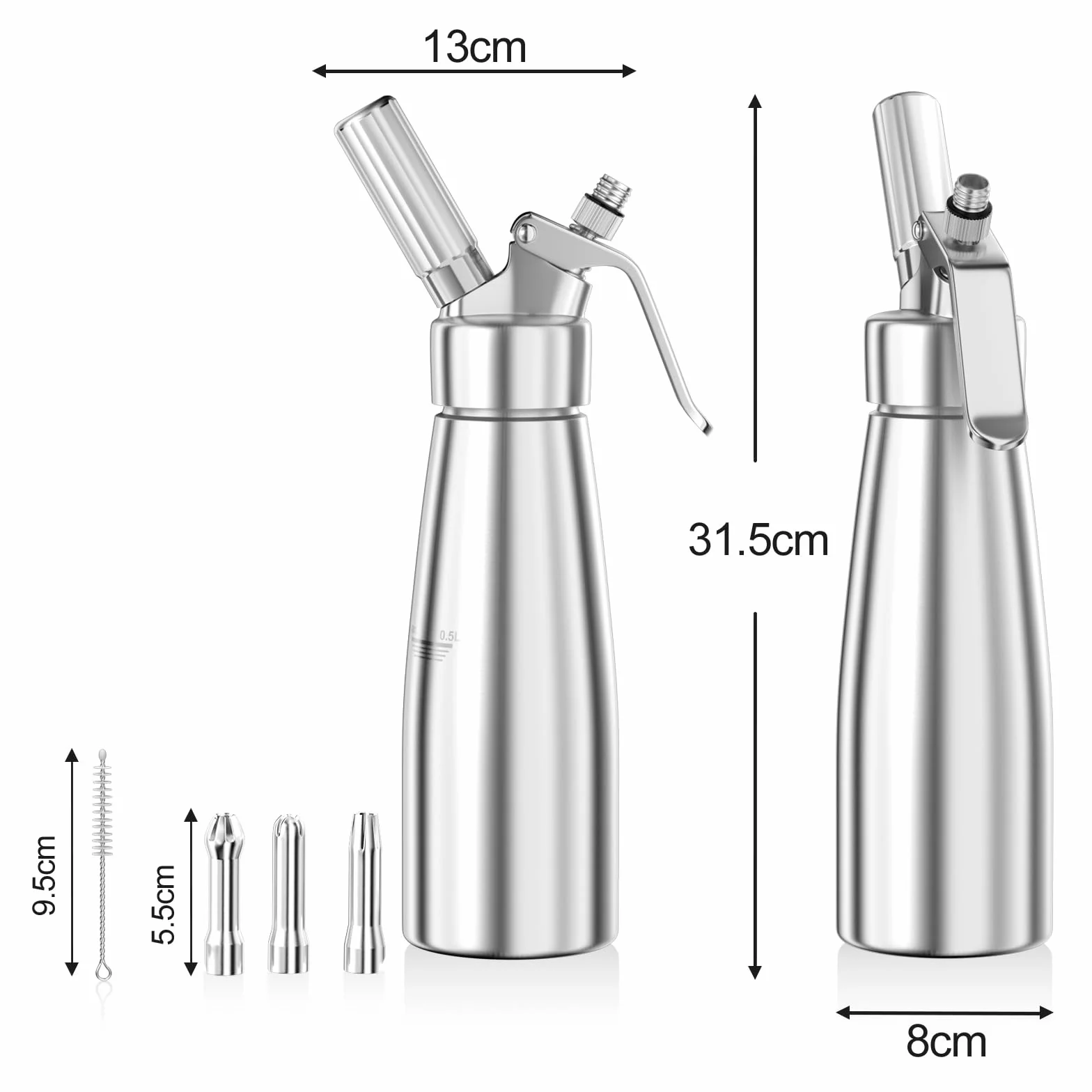 Fousenuk 500ml Siphon Chantilly, Siphon à Crème en Aluminium avec 3 Douilles en Acier Inoxydable et 1 Brosse de Nettoyage pour Décoration Gâteaux d'anniversaire Pâtisserie Crème Glacée et Desserts