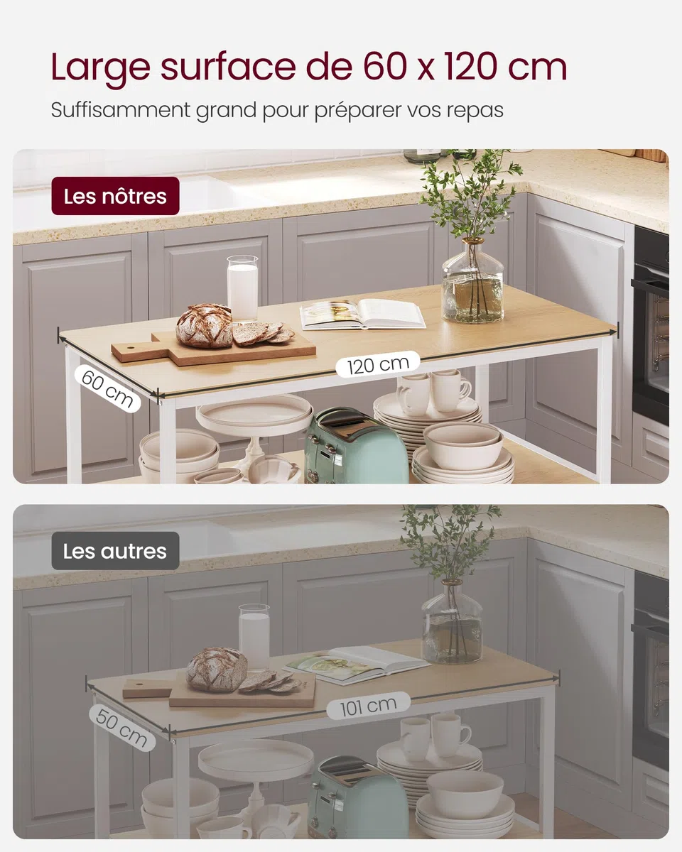 VASAGLE Îlot de Cuisine avec Grand Plan de Travail, Étagère de Cuisine à 3 Niveaux, Cadre en Acier, 60 x 120 x 90 cm, Style Moderne, Montage Facile, Couleur Chêne et Blanc KKI001W09