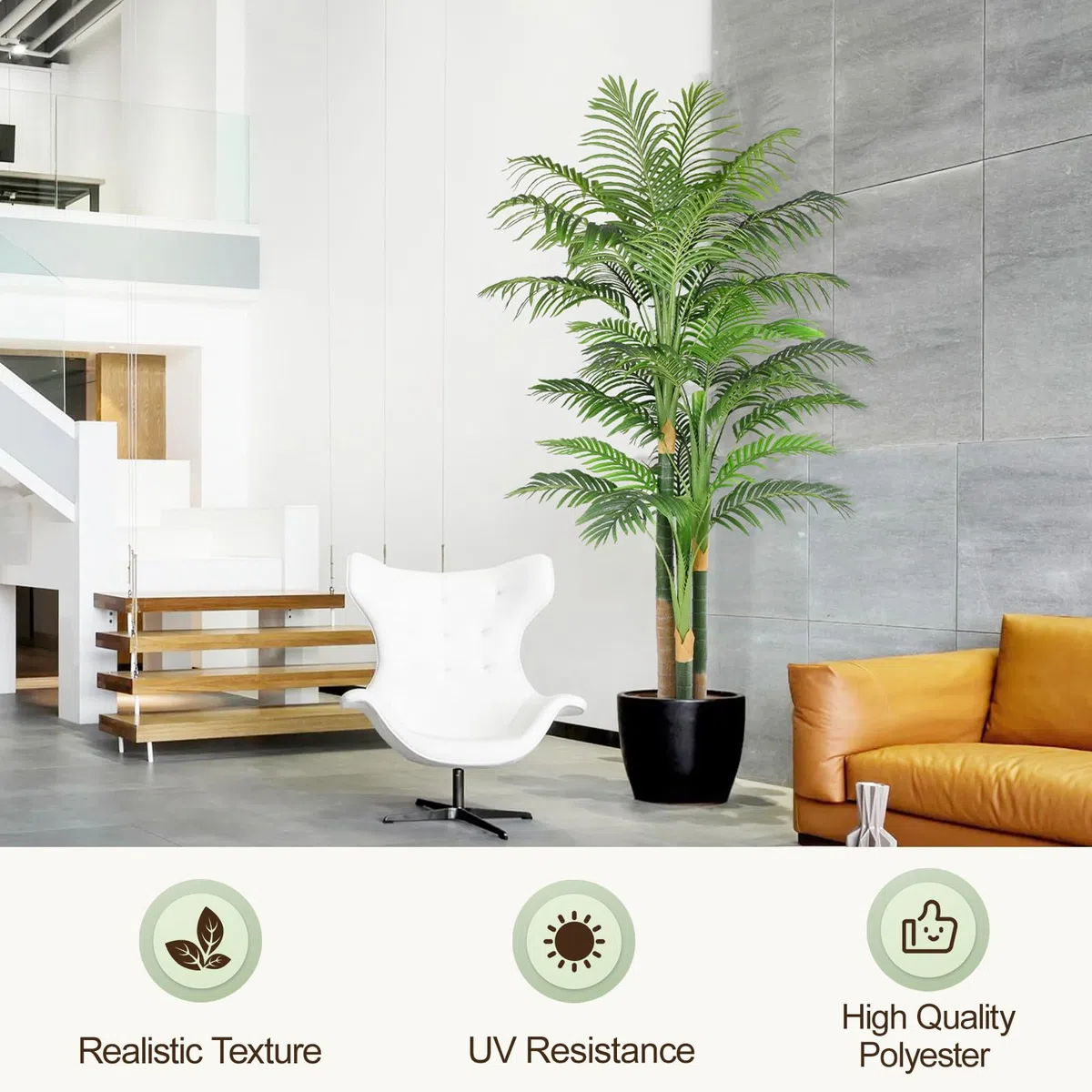 Palmier Artificiel Triple Doré 200cm Haute, Palmier Artificiel Exterieur, Arbre Artificiel Exterieur ou Intérieur pour Maison Chambre Bureau Salon Balcon Jardin Décoration (1Pack)