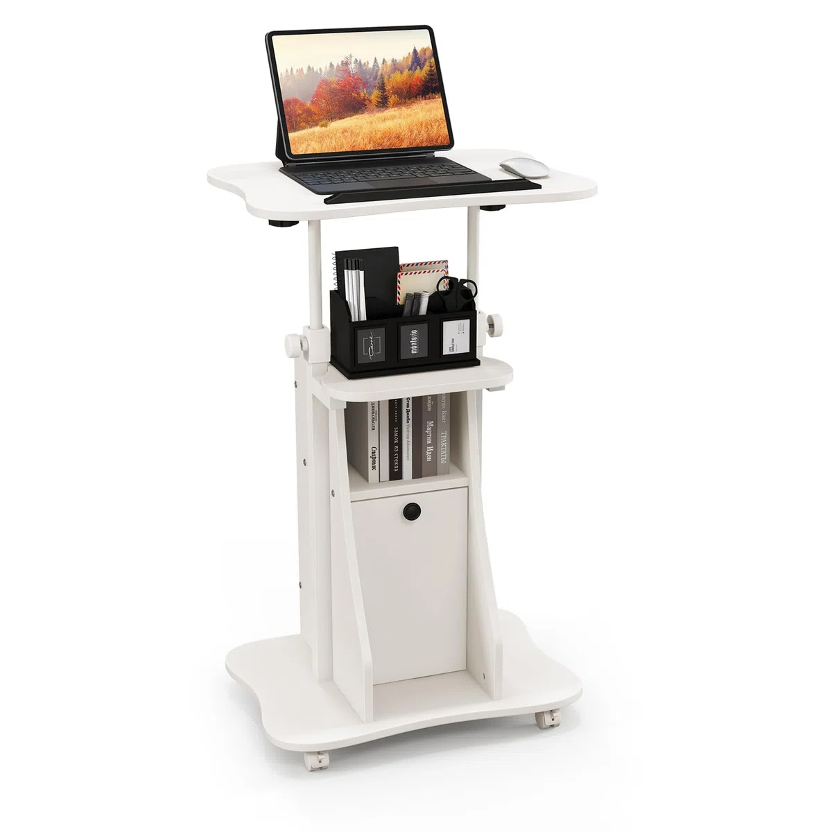 FANTASK Podium sur roulettes pour Ordinateur Portable - Pupitre Mobile réglable en Hauteur avec Plateau inclinable et Armoire pour Bureau à Domicile - Noir et Blanc