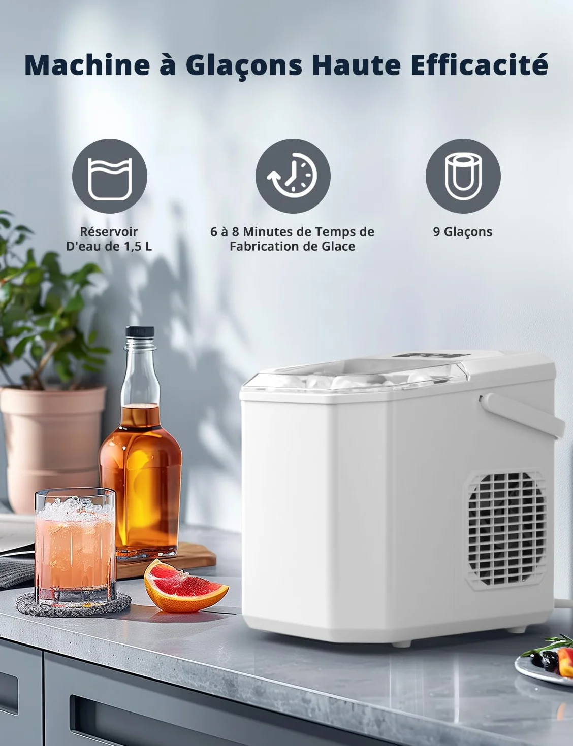 Machine à Glaçons 12kg/24h 9 Glaçons 6-8 Min Blanc avec Autonettoyante