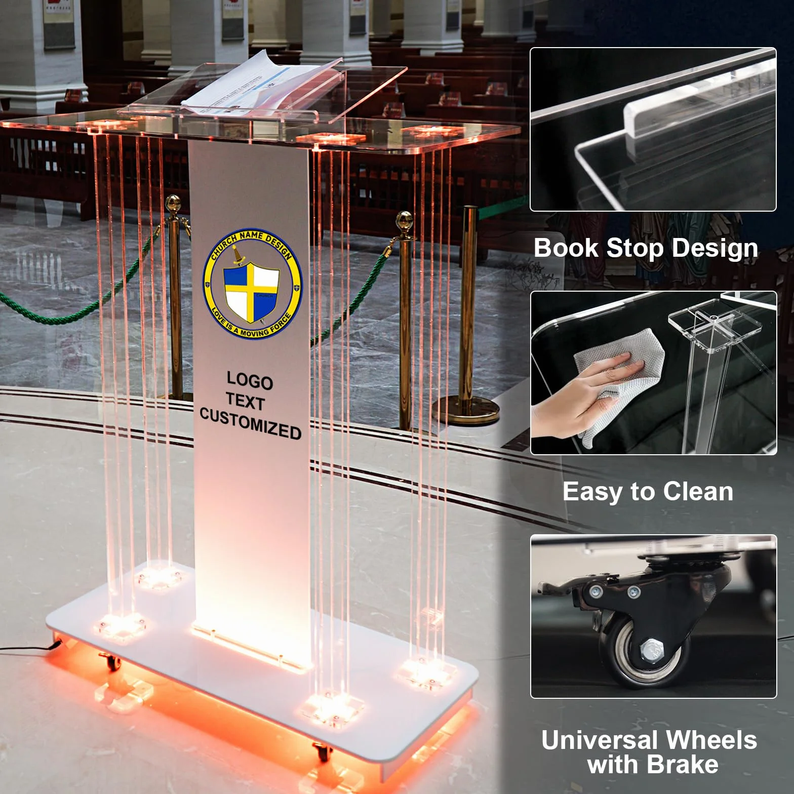 Chaire d'église Personnalisée avec Texte et LOGO, Podium en Acrylique avec Lumières LED, Podium Transparent avec roues et Plateforme de Lecture Spacieuse, Pupitre Clair pour la Parole.