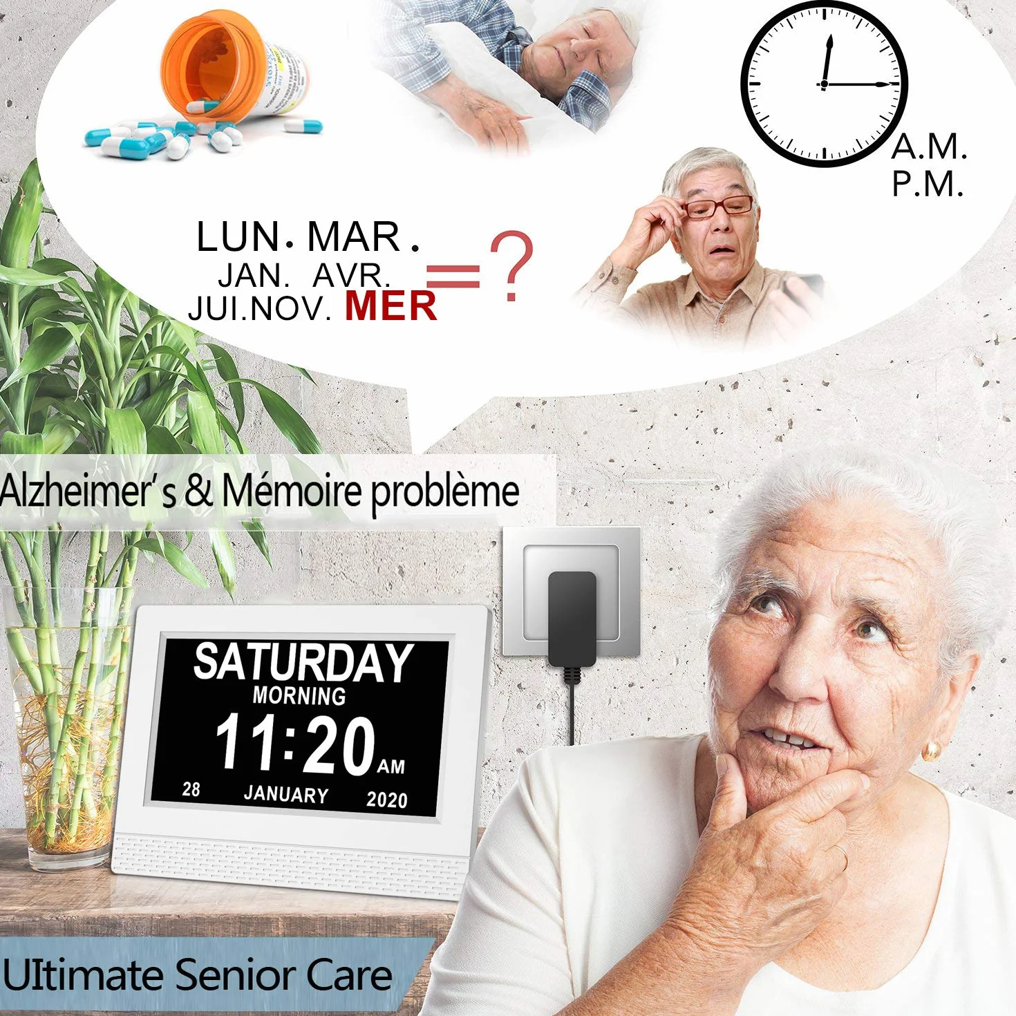 SINOIDEAS Horloge Numérique 7" LCD avec Date, Jour et Heure pour Alzheimer Démence