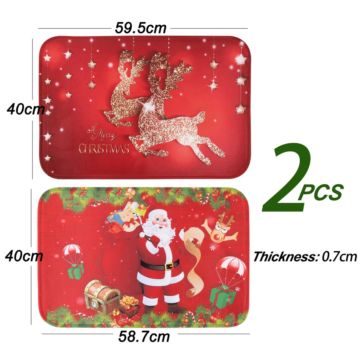 BHGT 2PCS Tapis de Noël Paillassons Tapis de Passage Antidérapante Carpettes pour Salon Bain Cuisine Décoration Maison Chambre (Père Noël + Renne)