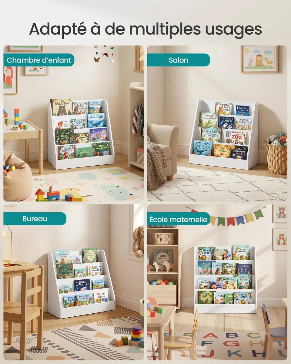 SONGMICS Étagère à Livres pour Enfants, Bibliothèque Montessori à 4 Niveaux, Présentoir Albums Illustrés, pour Chambre d’Enfant, Espace Lecture, 30 x 60 x 60 cm, Blanc Nuage GKR074WZ01