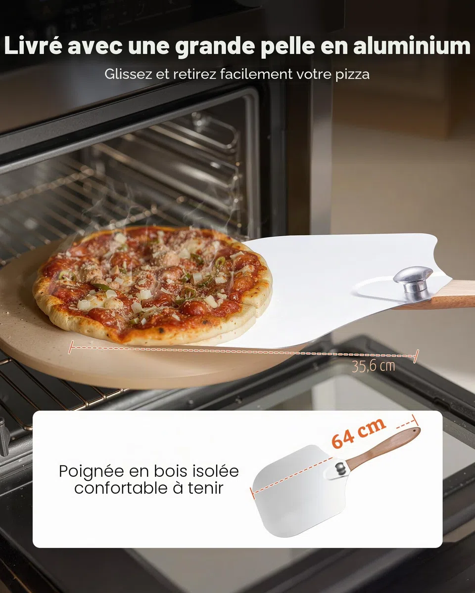 VEVOR Pierre à pizza ronde en cordiérite 38,1 cm, pierre de cuisson extra large avec pelle en aluminium et grattoir PP, résistante à la chaleur, épaisseur 1,7 cm, pour four, cuisson du pain, barbecue