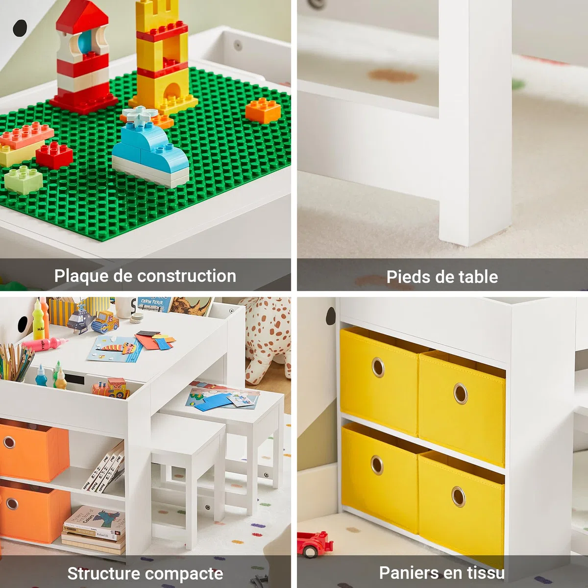 SoBuy Table Enfant avec 2 Chaises, Ensemble Table et Chaises Enfant avec Bacs de Rangement pour Chambre, Bureau de Bloc de Construction Double Face, Blanc 87x50x50 cm KMB75-W