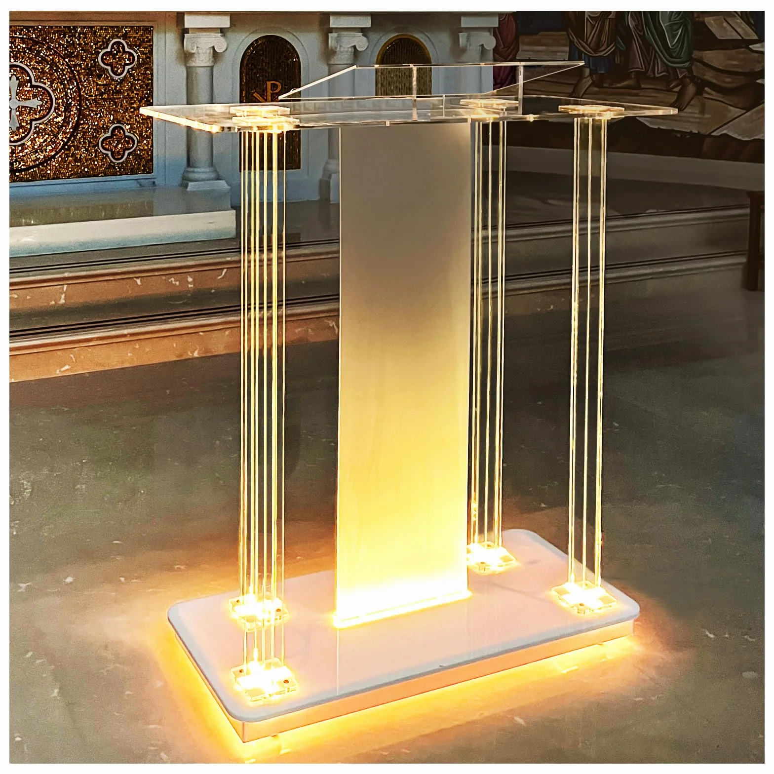 Afitdon Chaire d'église Pupitre en Acrylique Transparent avec Roues et 15 Couleurs de lumière LED réglables, Grand Support Acrylique pour église, Concert, conférence, Mariage, Salle de Classe