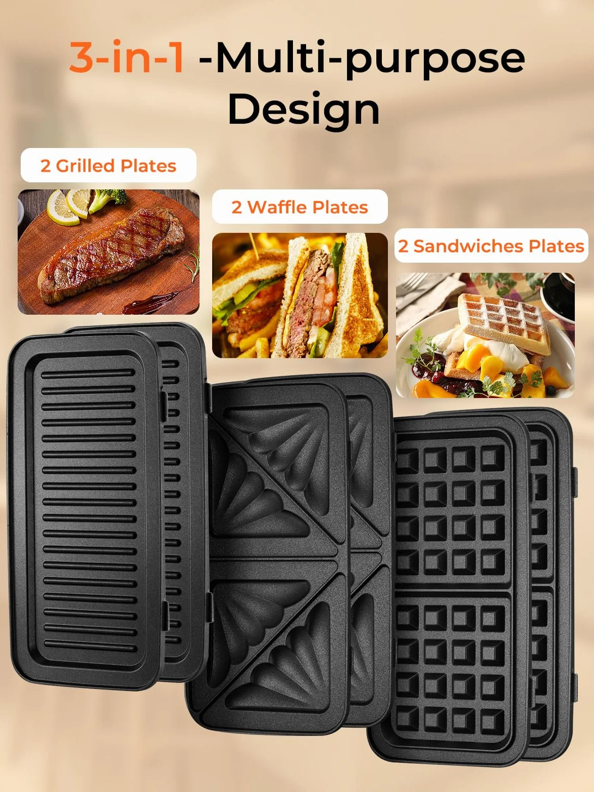HOUSNAT Gaufrier 3 in 1, Appareil à Croque Monsieur avec Contrôle de Température à 5 Vitesses, Pour Gaufres Belges, Revêtement Antiadhésif, Parfait pour le Petit Déjeuner, Rouge