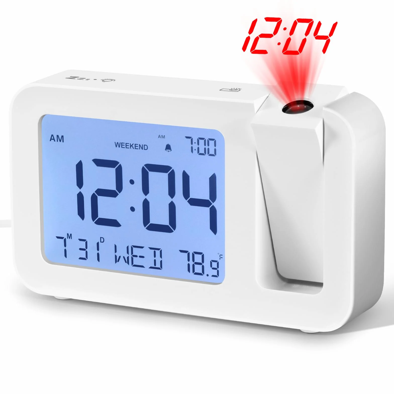 ALLOMN Réveil avec Projection Numérique, Température et Date, 4 Luminosité, Snooze 9 min, 12/24h, Mode Week-end