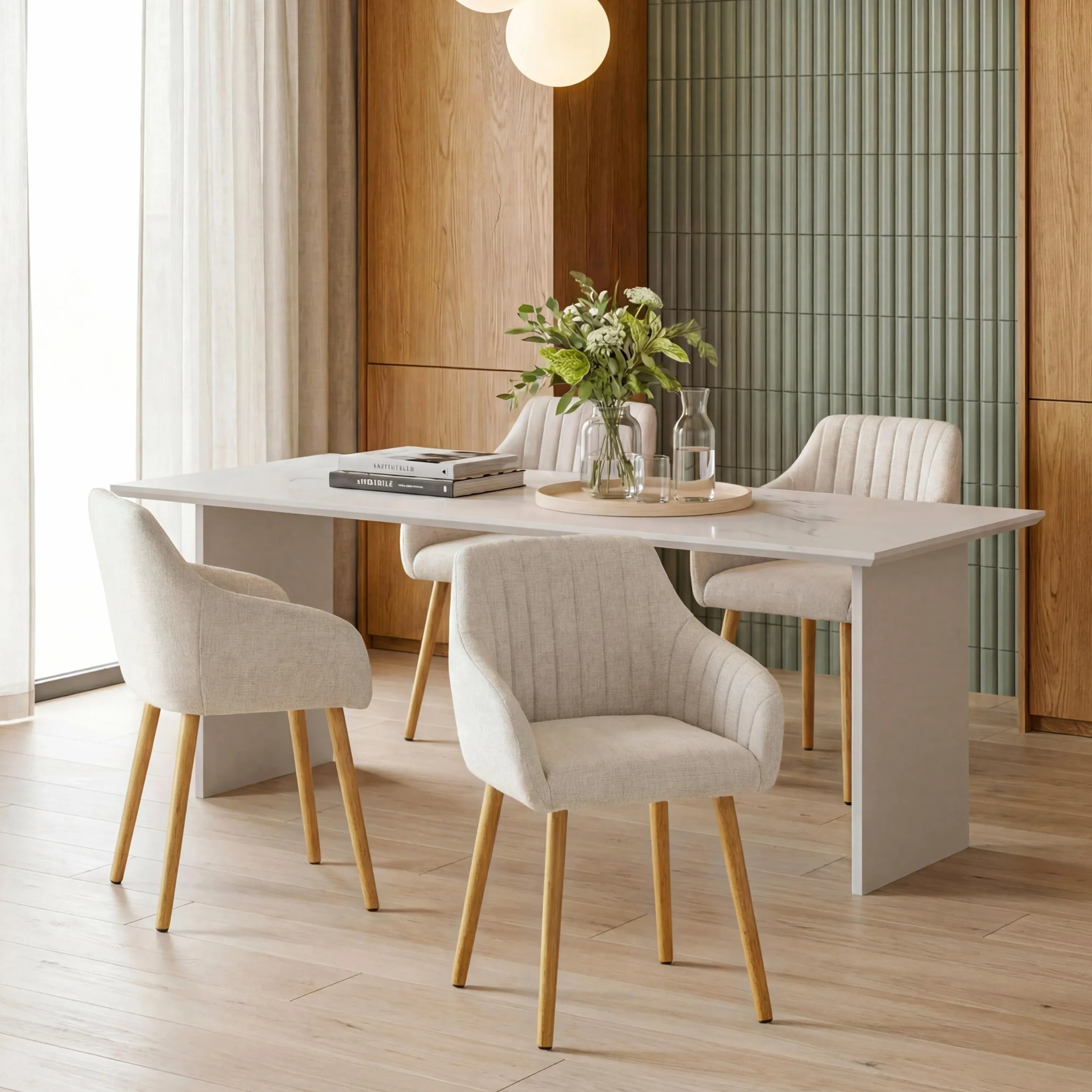 Lot de 4 Chaises Fauteuil Salle à Manger Chaises Beige avec Accoudoirs rembourrée en Polyester avec Pieds en Bois pour Salon Cuisine et Bureau