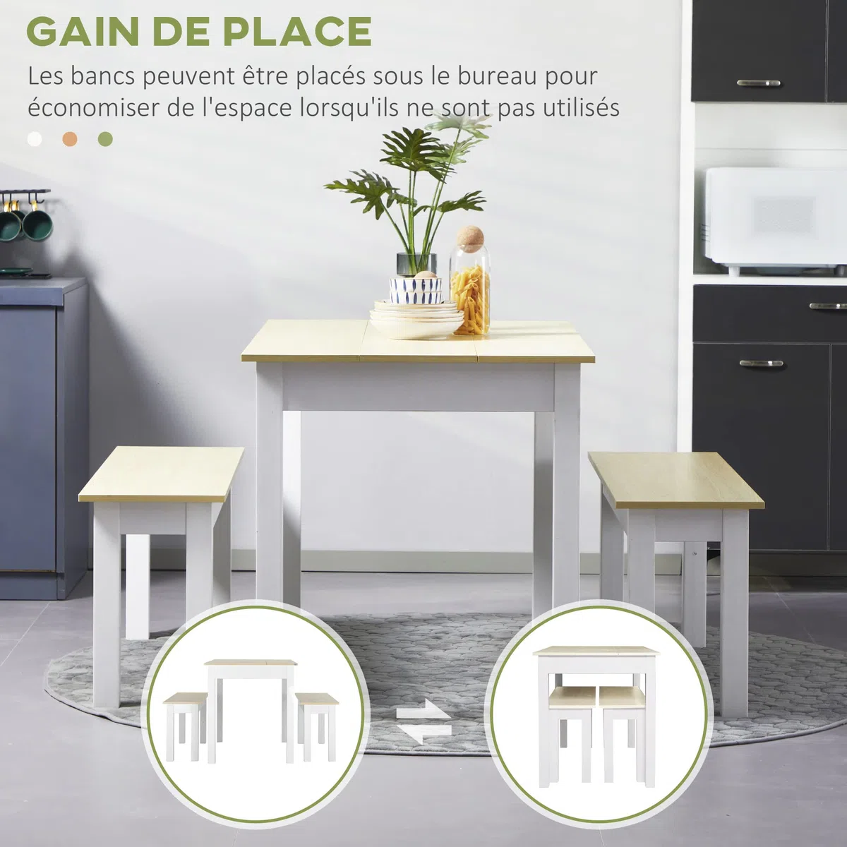 HOMCOM Ensemble Table à Manger 3 pièces avec 2 bancs encastrables pour 4-6 Personnes Style Contemporain - Cuisine Salle à Manger Salon - Panneaux de Particules