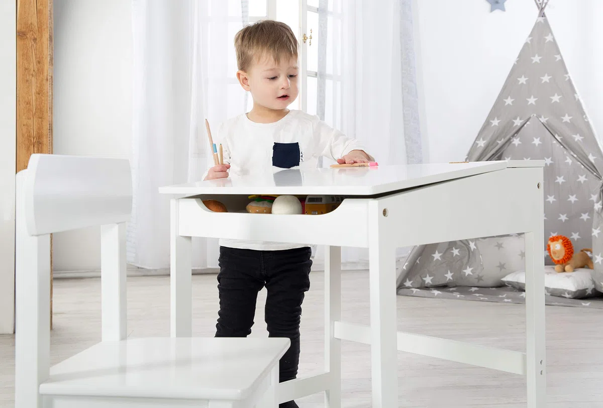 roba Bureau Bébé et Enfant avec Chaise et Espace de Rangement - Pupitre d'École - Blanc