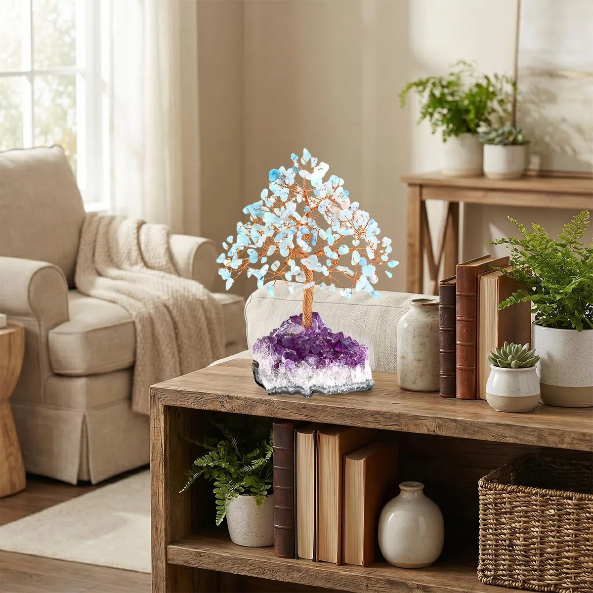 Arbre de Vie en Cristal d'Améthyste, Décoration Zen de Bureau, Art Énergétique, Accessoire Spirituel, Pierre Naturelle Violette (Aigue-Marine)