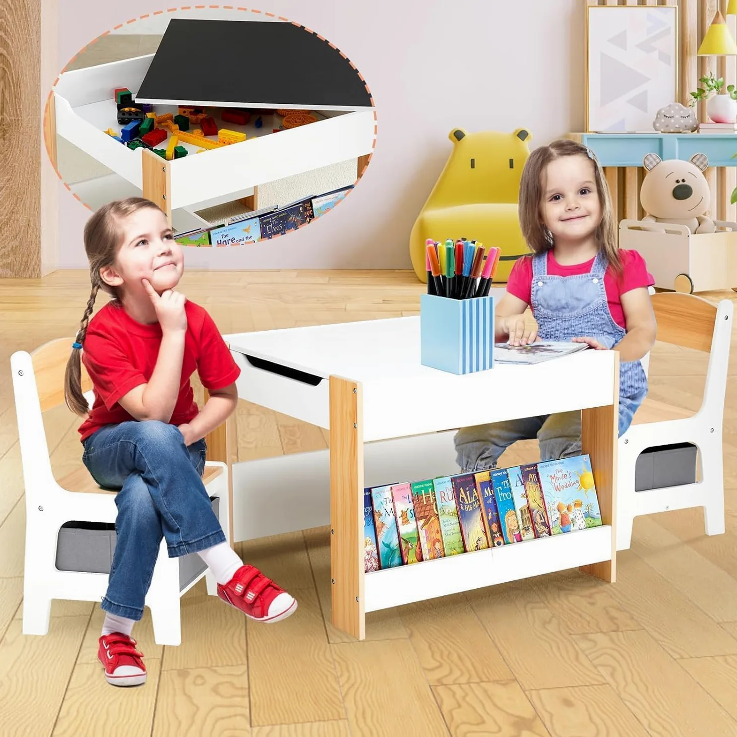 Asweets Ensemble Table et Chaises pour Enfants, Bureau 4 en 1 avec Tiroir De Rangement, Table d'Activités en Bois pour Plateau Amovible 2 en 1, avec Bibliothèque