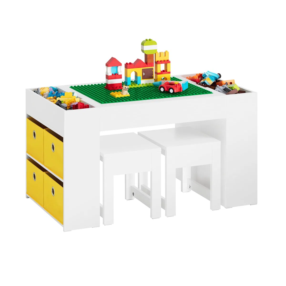 SoBuy Table Enfant avec 2 Chaises, Ensemble Table et Chaises Enfant avec Bacs de Rangement pour Chambre, Bureau de Bloc de Construction Double Face, Blanc 87x50x50 cm KMB75-W