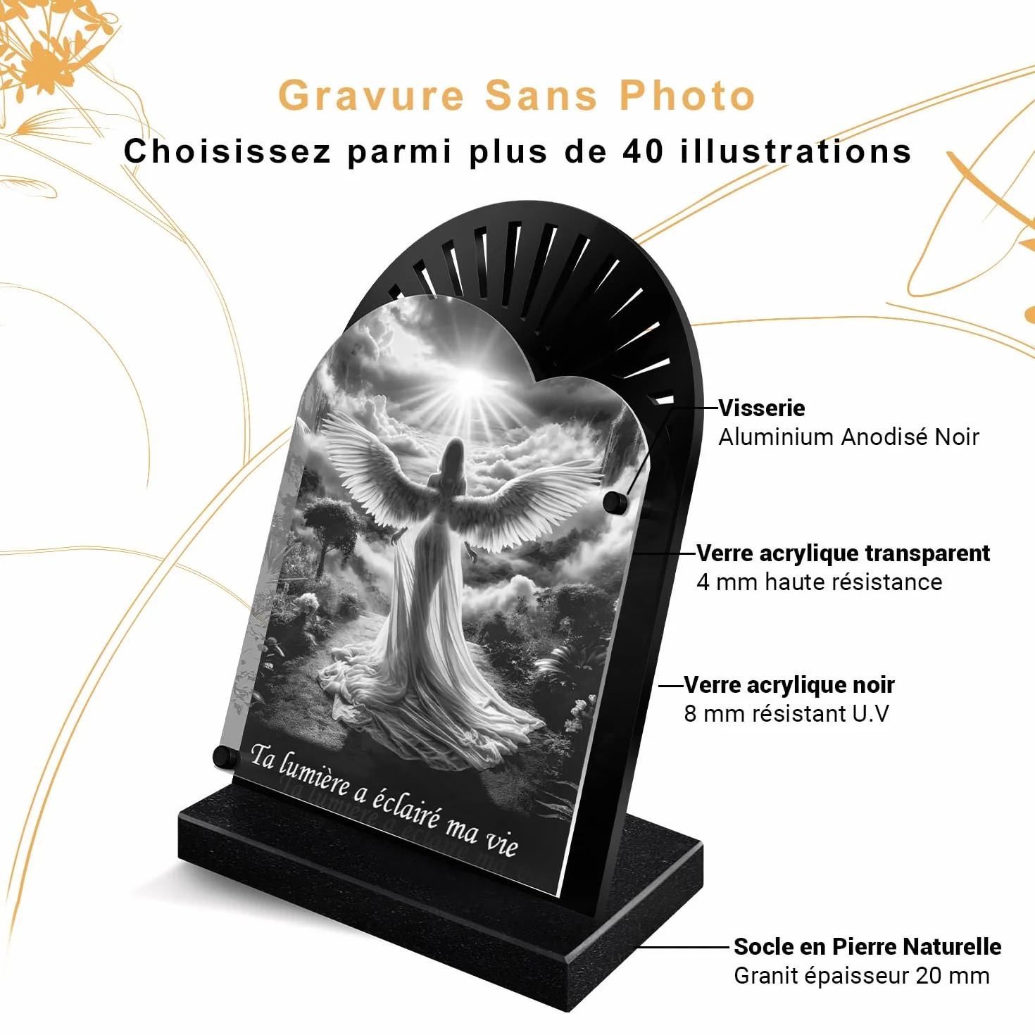 Plaque Funéraire Personnalisée Lueur ETERNEL - Fleurs Rose Pivoine Gravée au Laser pour Hommage Tombale