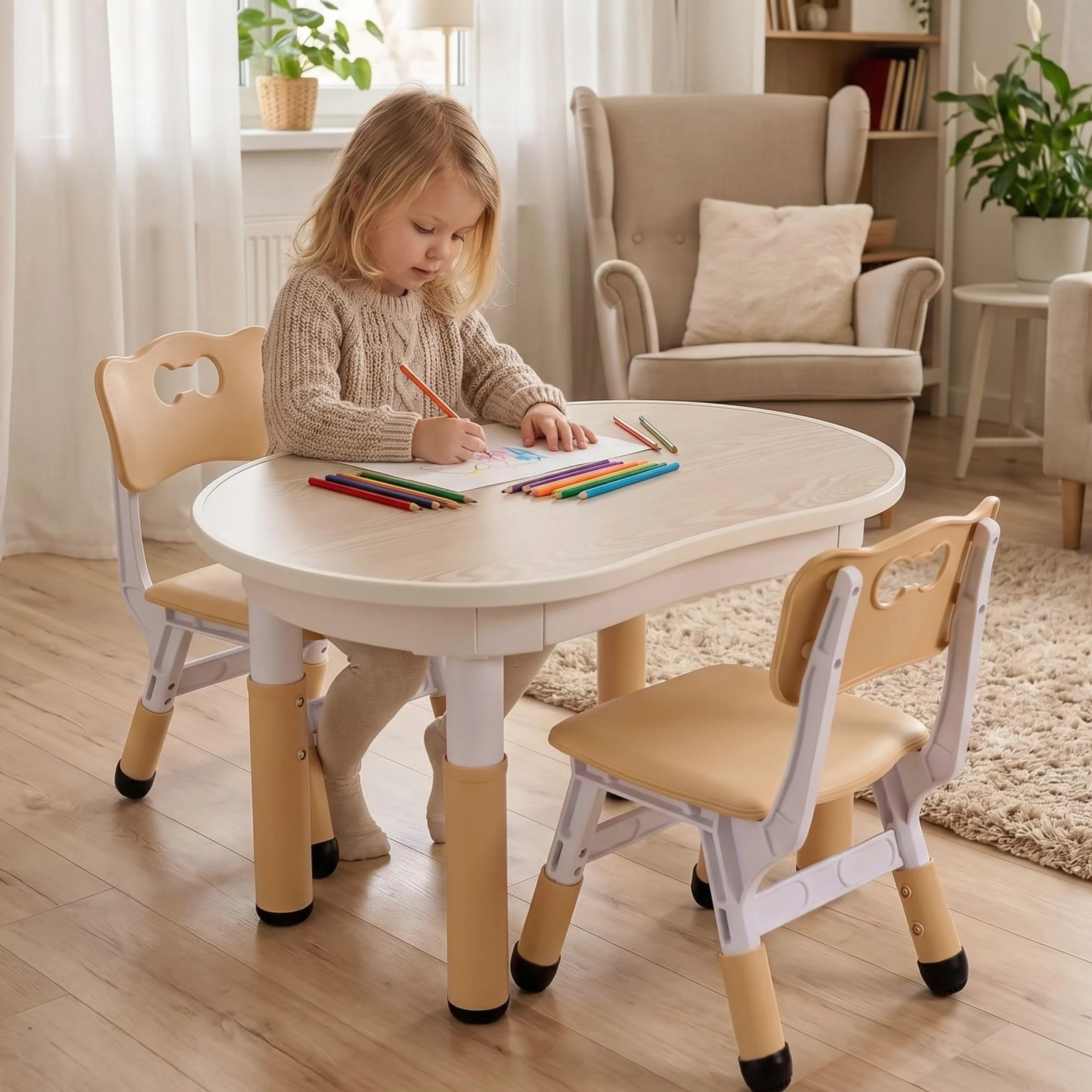 MAMIZO Table pour Enfant Réglable en Hauteur avec 2 Chaises - Forme de Cacahuète en Plastique - pour Maison, Garderie, Jardin d'enfants - Jaune