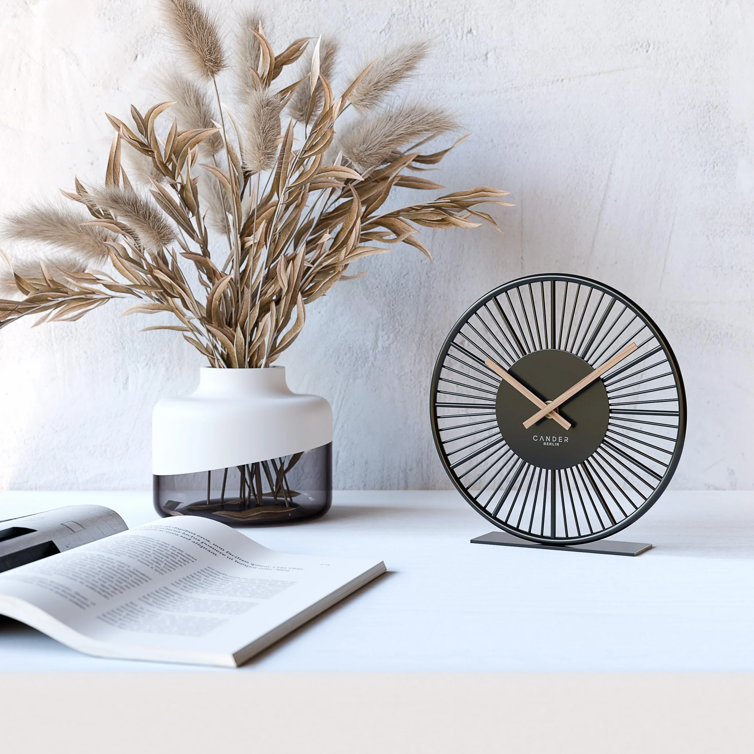 Cander Berlin BLORA Horloge de table silencieuse 18 cm Aiguilles en bois Moderne Noir