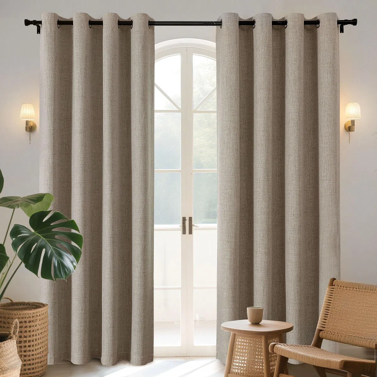 Joydeco 100% Rideau Occultant Thermique Isolant Anti Froid et Chaleur 140x245cm 2 Pièces, Rideaux Opaques Effet Lin à Oeillets Anti UV Anti Bruit, Decoration Chambre Maison Salon - Lin Naturel