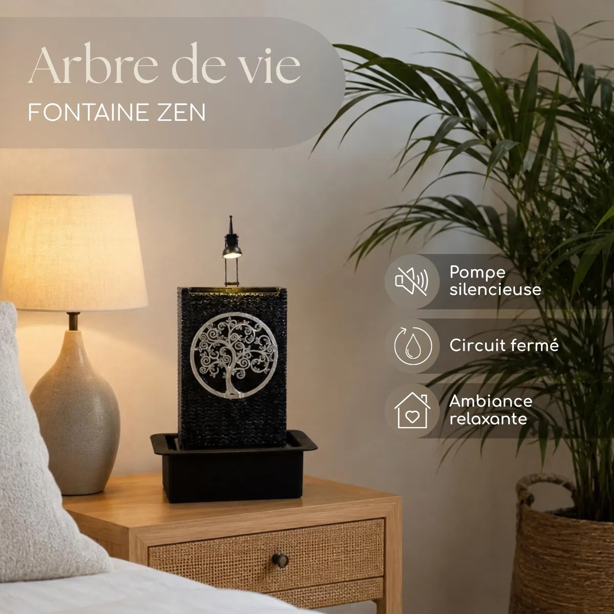Fontaine d’Intérieur Mur d’Eau Cascade Motif Arbre de Vie Lumière Spot Blanc, Grand Décoration de Table Bureau Salon Chambre, Source de Zenitude Méditation Relaxation, H 40cm – Arbre de Vie Zen’Light