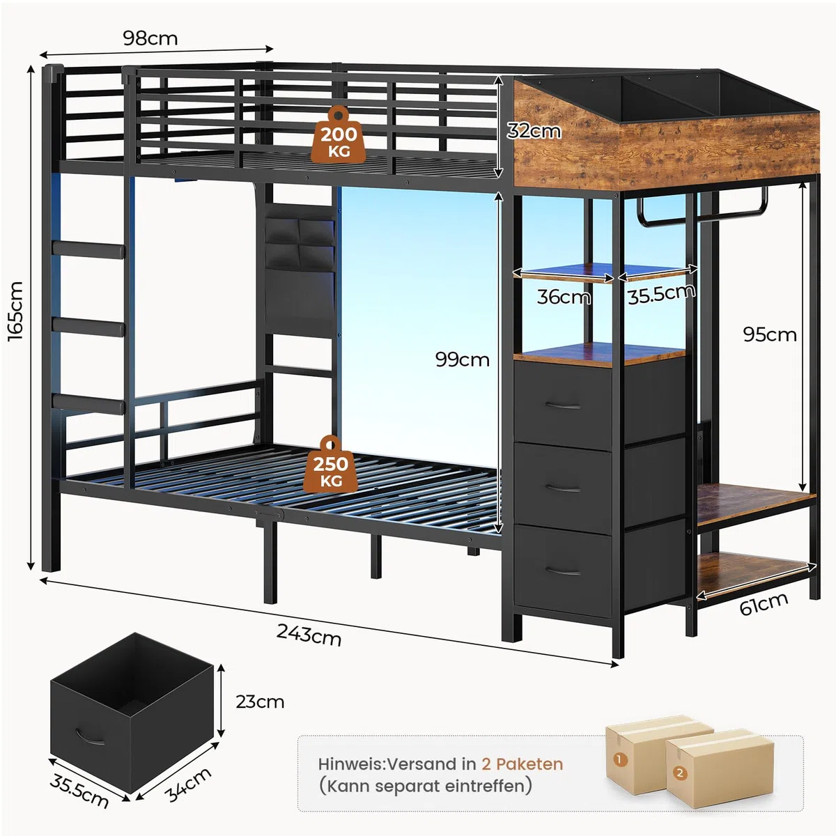 AOGLLATI Lit Superposé Enfant avec Éclairage LED et 4 Ports USB, Lit Mezzanine 2 Places avec 4 Étagères, Tringle, Sac, 3 Tiroirs et 2 Niche en Tissu, Lit Enfant 90x200 en Métal pour Familles Nombreux