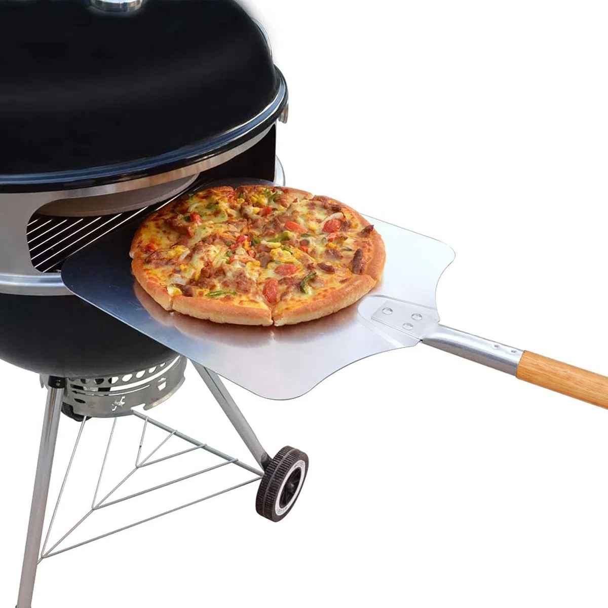 onlyfire Kit Accessoires Pizza 4 Pièces, Pierre à Pizza 38cm en Cordiérite, Pelle à Pizza Aluminium avec Manche en Bois, Roulette et Spatule Longue en INOX pour Grill, Barbecue et Four