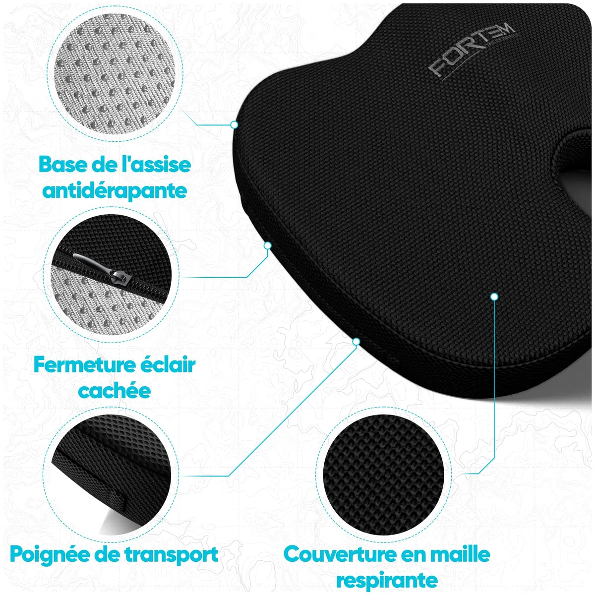 FORTEM Coussin Lombaire et d’Assise en Mousse à Mémoire de Forme, Antidérapant, pour Chaise de Bureau, Gaming et Siège Auto – Soutien Dos et Confort Prolongé