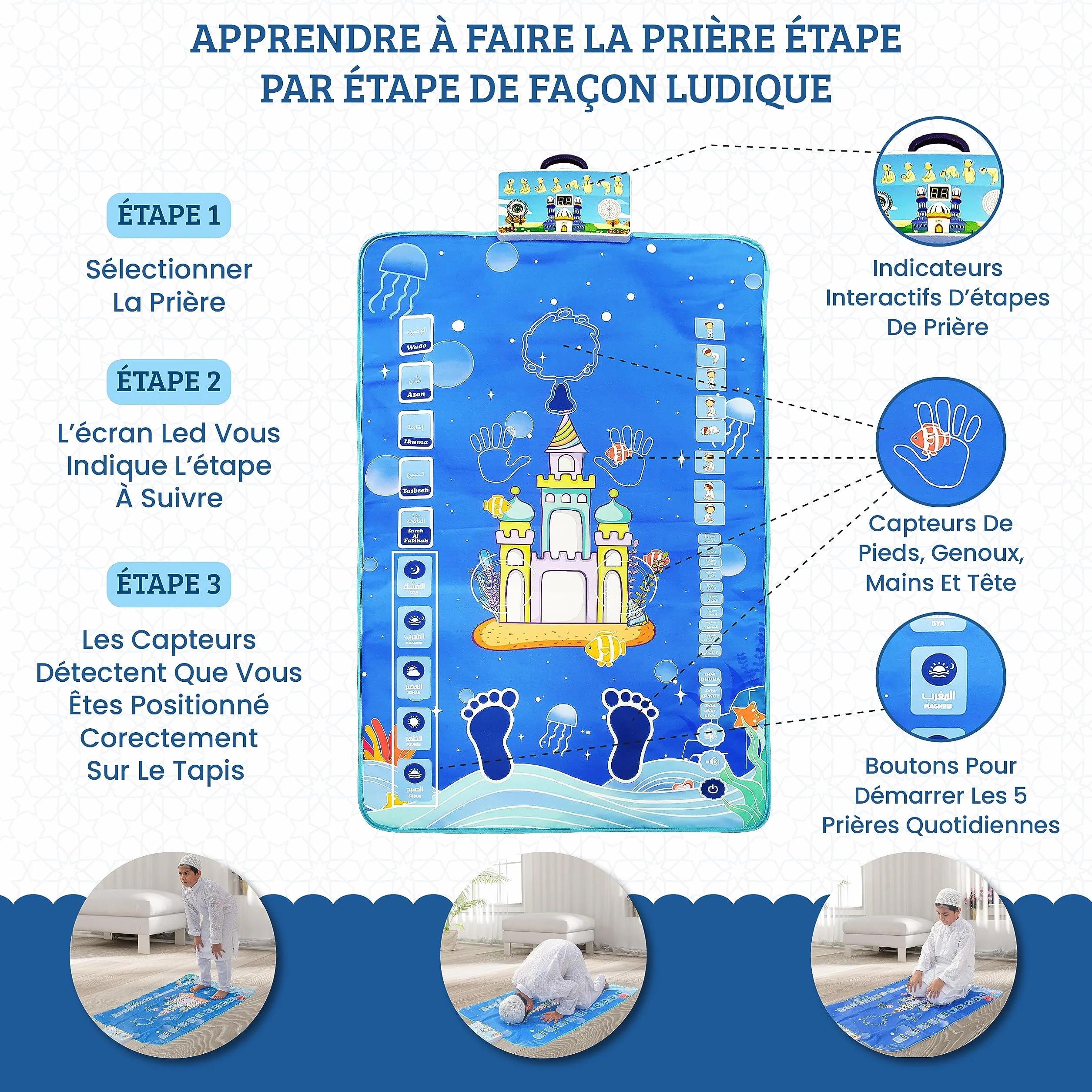 Tapis de Prière Musulman Électronique Interactif pour Enfant avec Récitation de Sourates du Coran et Doua - Chapelet Tasbih Inclus